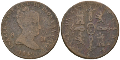 Испания 8 мараведи 1848 JA, Изабелла II (1833-1868) KM 531 медь 92-542