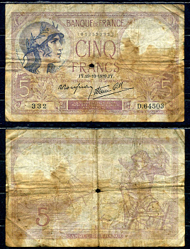 Франция 5 франков 1939 Pick 83 бумага 7198-11-1-1