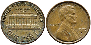 США 1 ЦЕНТ 1972 S, ЛИНКОЛЬН KM 201 медь цинк 4383-1155