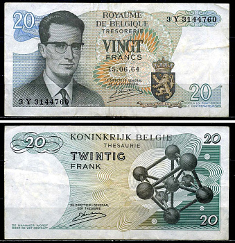 Бельгия 20 франков 1964 Бодуэн I, атомиум, Kestens Pick 138 (3) бумага 6299-44-4-2