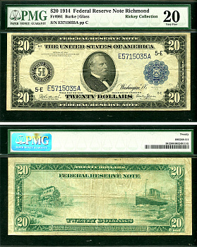 США 20 долларов 1914 National Bank Note, Ричмонд, Гровер Кливленд - 22-й и 24-й президент США, в слабе PCGS 20 Fr 981  бумага   452-1-149