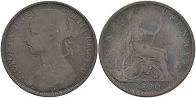 Великобритания 1 пенни 1890 Виктория (1837-1901) KM 755, Spink 3954 бронза 4557-935