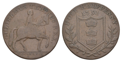 Великобритания, Халл (Йоркшир) 1/2 пенни 1791 Конная статуя Вильгельма III, гурт надпись, токен Dalton Hammer 20 медь 413-2523