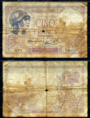 Франция 5 франков 1939 Pick 83 бумага 7198-11-1-1