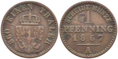 ПРУССИЯ 1 ПФЕННИГ 1867 А, ВИЛЬГЕЛЬМ I (1861-1888) KM 480 медь 201-548