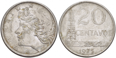 Бразилия 20 сентаво 1975 голова свободы влево KM 579.1a, Schon 84b нержавеющая сталь 3718-611