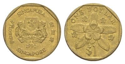 Сингапур 1 доллар 1990 KM 54b алюминиевая бронза 4638-1227
