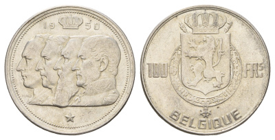 Бельгия 100 франков 1950 Леопольд III (1934-1950), Belgique KM 138 серебро 1519-813