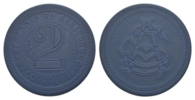 Чили, Антофагаста (Antofagasta) шахтерский жетон с Селитряного рудника для покупки в местных магазинах, номиналом в 2 песо около 1904 диаметр 40 мм, вес 4,76 гр Espinosa 22.11 эбонит (синий) 1094-11-43
