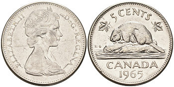 Канада 5 центов 1965 Елизавета II (1952-2022), бобер KM 60.1 никель 4595-627