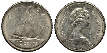 Канада 10 центов 1979 Елизавета II (1952-2022), парусник KM 77.2 никель 4181-335