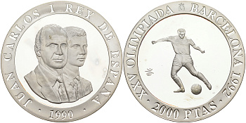 Испания 2000 песет 1990 XXV летние Олимпийские игры 1992 года в Барселоне, футбол KM 862 серебро PROOF 1072-8-24