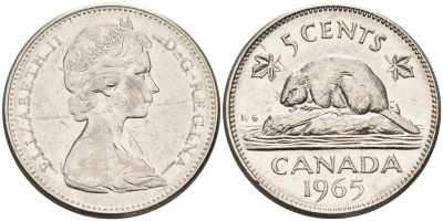 Канада 5 центов 1965 Елизавета II (1952-2022), бобер KM 60.1 никель 4595-627