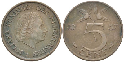 Нидерланды 5 центов 1957 Юлиана (1948-1980) KM 181 бронза 213-1026