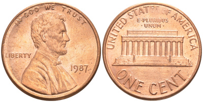 США 1 цент 1987 Линкольн KM 201b цинк плакированный медью UNC 187-718