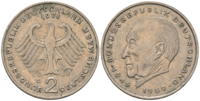 ФРГ 2 марки 1971 G, Конрад Аденауэр, 20 лет Федеративной Республике KM 124 медно-никель 4565-533