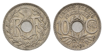 Франция 10 сантимов 1938 KM 866a, Le Franc 138.3 медно-никель 4651-937