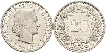 ШВЕЙЦАРИЯ 20 РАППЕНОВ 1913 В KM 29 никель 55-626