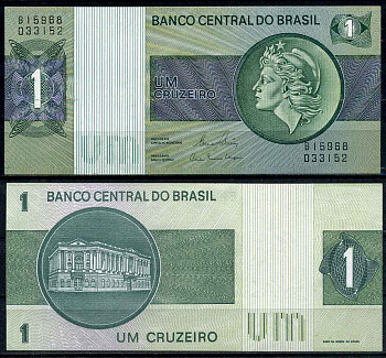 Бразилия 1 крузейро 1980 серия В 15968, подпись 20, голова свободы, здание Центрального банка Pick 191 Ac бумага UNC (пресс) 2196-6-2-2