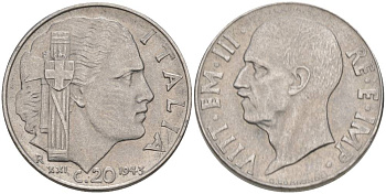 Италия 20 чентезимо 1943 R, Виктор Эммануил III (1900-1946), XXI год KM 75b, VEM3. 1031 нержавеющая сталь 3853-422