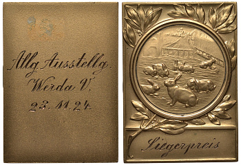 ГЕРМАНИЯ ПЛАКЕТКА 1924 ПРИЗ ЗА РАЗВЕДЕНИЕ КРОЛИКОВ, 37*52 мм, 31,4 гр бронза UNC 1082-10-12
