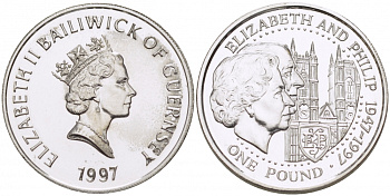 Гернси 1 фунт 1997 Елизавета и Филлип, золотая свадьба KM 70 серебро UNC 650-224