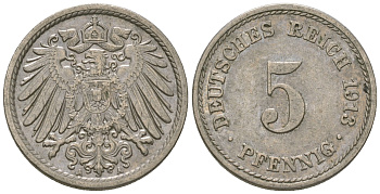 ГДР 5 пфеннигов 1913 A, KM 11, J. 12 медно-никель 3458-1123