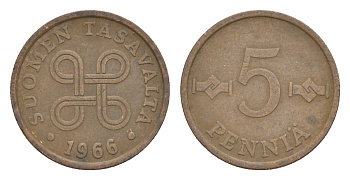Финляндия 5 пенни 1966 KM 45 медь 4647-256