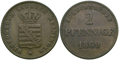 Саксен-Мейнинген 2 пфеннига 1869 Георг II (1866-1914) KM 174, Jaeger 448, AKS 215 медь 99-665