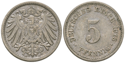 ГДР 5 пфеннигов 1913 A, KM 11, J. 12 медно-никель 3458-1123