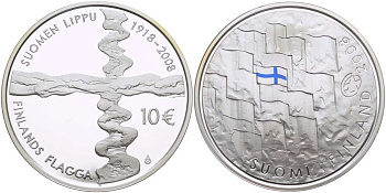 Финляндия 10 евро 2008 90 лет Финскому флагу, цветная эмаль KM 140 серебро  PROOF 1085-9-52
