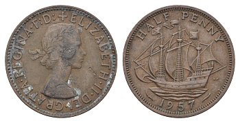 Великобритания 1/2 пенни 1957 Елизавета II (1952-2022) KM 896, Spink 4158 бронза    4660-636