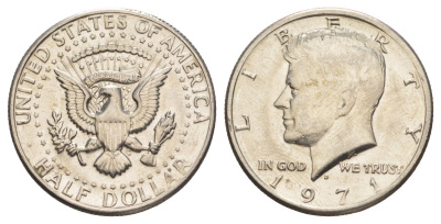 США 1/2 доллара (50 центов) 1971 D, Джон Кеннеди KM 202b медь плакированная медно-никелем aUNC 69-721