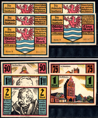 Штольп (Пруссия, Померания) полный набор из 5 нотгельдов (50 и 75 пфеннигов; 1, 1,5 и 2 марки) 1922 Mehl Grabowski 1275.1 бумага UNC (пресс) 7556-58-1-1