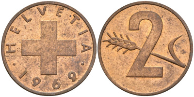 Швейцария 2 раппена 1969 KM 47 бронза 4543-1125