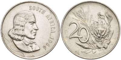 ЮАР 20 ЦЕНТОВ 1966 SOUTH, ЯН ВАН РИБЕК (1619-1677), ГОЛАНДСКИЙ ИССЛЕДОВАТЕЛЬ , МОРЕПЛАВАТЕЛЬ, ОСНОВАТЕЛЬ Г. КЕЙПТАУНА, ЦВЕТОК ПРОТЕЯ, АНГЛИЙСКАЯ ЛЕГЕНДА KM 69.1 никель 510-1053