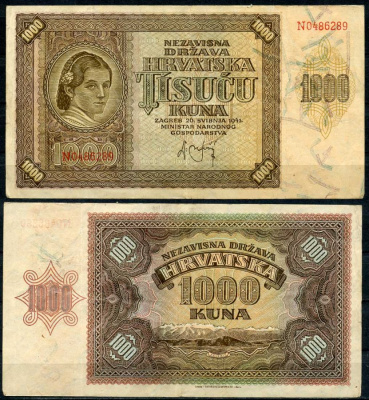 Хорватия 1000 кун 1941 женщина, горы Велебит Pick 4 бумага 8619-5-2-2