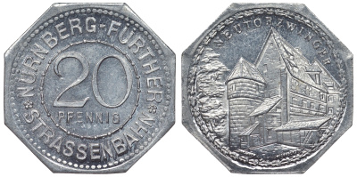 Германия, Нюрнберг - Фюрт 20 пфеннигов ND трамвайный жетон, надвратная башня Неутор алюминий UNC 4119-725