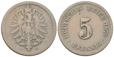 Германия 5 пфеннигов 1876 F, старогербовка KM 3, J.3 медно-никель 4164-654