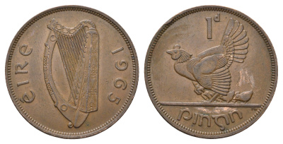 Ирландия 1 пенни 1965 курица с цыплятами KM 11 бронза 4178-1324