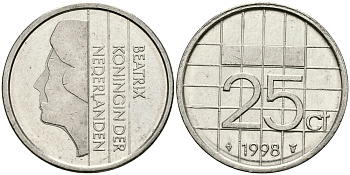 Нидерланды 25 центов 1998 Беатрикс (1980-2013) KM 204 никель 96-333