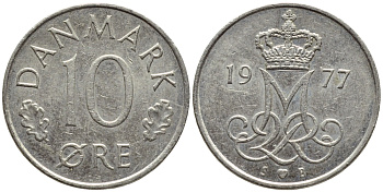ДАНИЯ 10 ЭРЕ 1977 S; B, МАРГРЕТЕ II (1972-) KM 860.1 медно-никель 4396-536