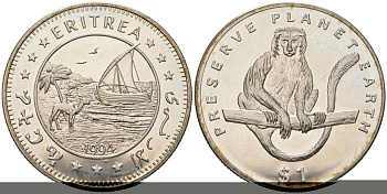 Эритрея 1 доллар 1994 берегите планету Земля - Колобус (Обезьяна) KM 17 медно-никель BU 4368-635