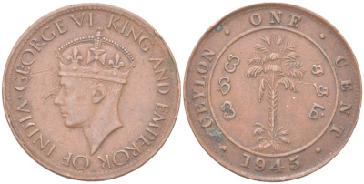 Цейлон 1 цент 1945 KM 111a бронза 4614-929