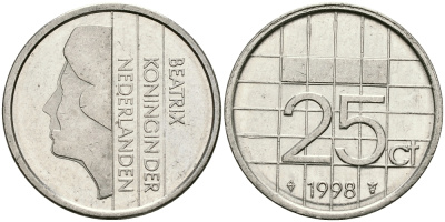Нидерланды 25 центов 1998 Беатрикс (1980-2013) KM 204 никель 96-333
