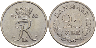 ДАНИЯ 25 ЭРЕ 1962 С; S, ФРЕДЕРИК IX (1947-1972) KM 850 медно-никель UNC 28-412