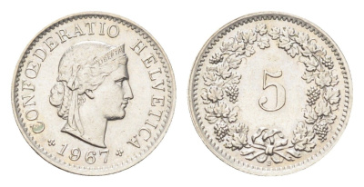 Швейцария 5 раппенов 1967 B KM 26 медно-никель 4705-1257