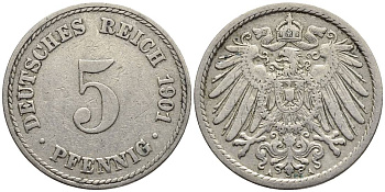ГЕРМАНИЯ 5 ПФЕННИГОВ 1901 A KM 11, Jager 12, Weege 6 медно-никель 4547-416