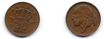 БЕЛЬГИЯ 50 САНТИМОВ 1957 BELGIE KM 149.1 бронза 62-2732