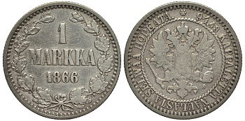 Россия для Финляндии 1 марка 1866 S, Александр II (1855-1881) KM 3.1, Биткин 626 серебро  413-4125